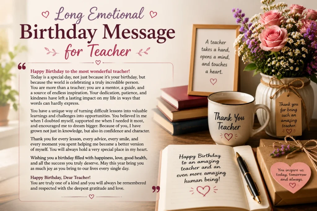 Long Emotional Birthday Message for Teacher